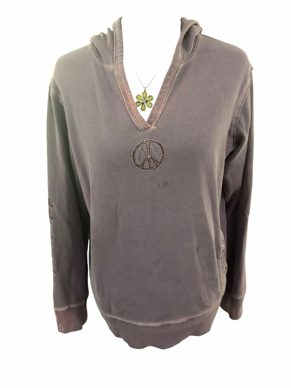 Women’s  Hooded Pullover Sweater with Peace Emblem - Charcoal